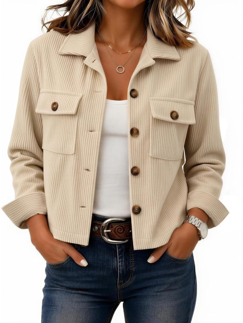 Women's Apricot Cropped Corduroy Jacket Button Down Long Sleeve Shacket